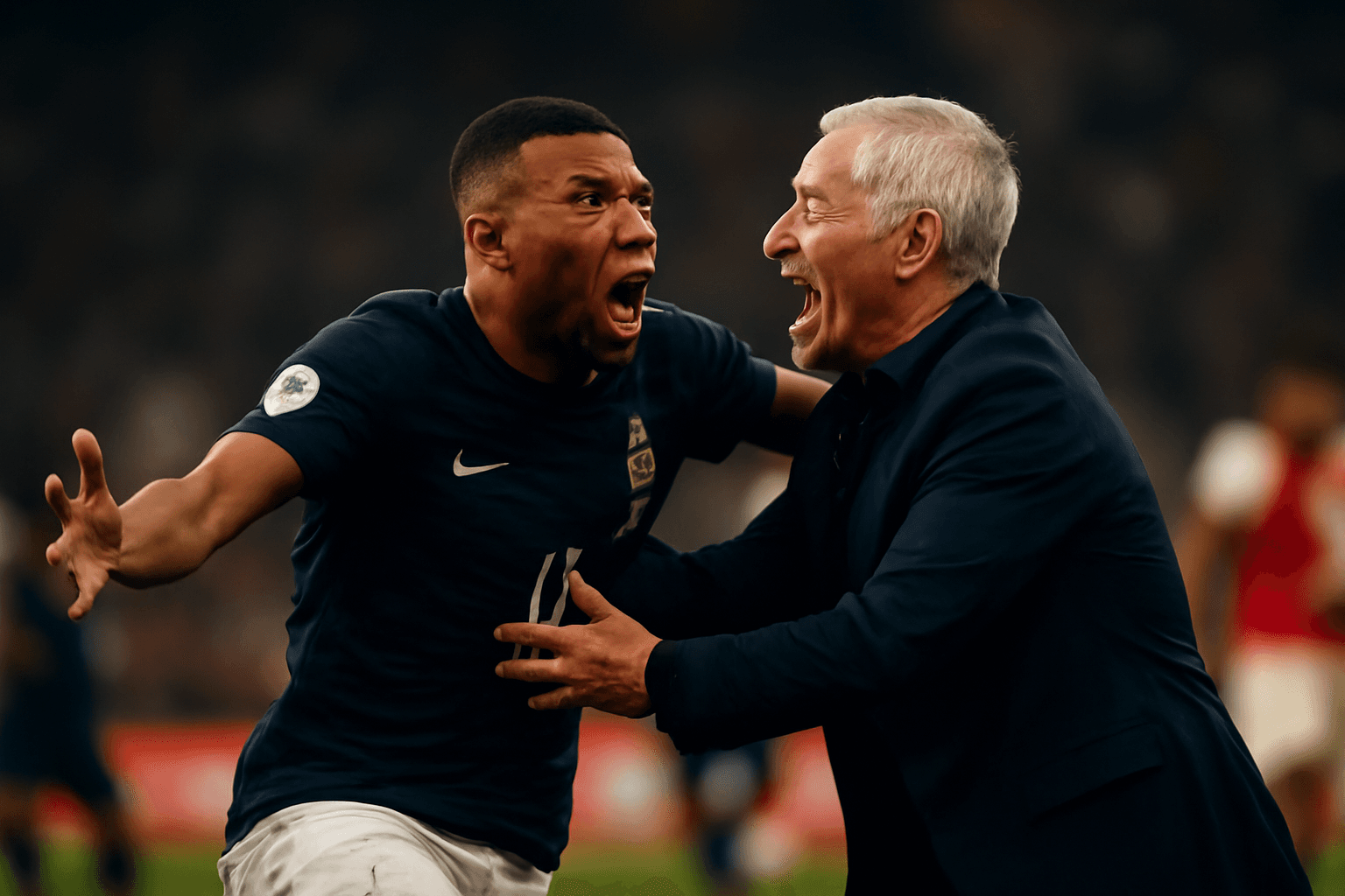 Mbappés 1–0 och hans varma firande med Deschamps på planen